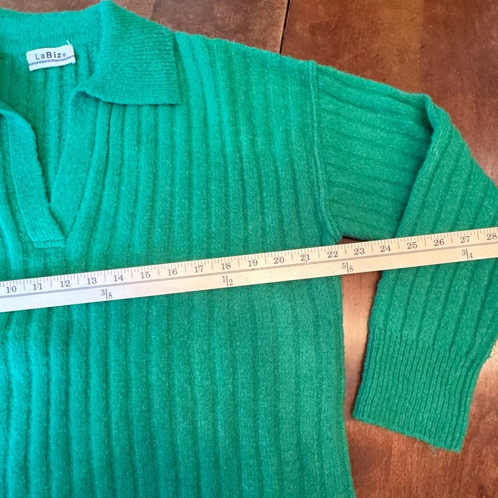 LaBiz Ribbed Polo V-Neck Sweater Womens Small Green Excellent Knit Long Sleeve - Picture 6 of 10